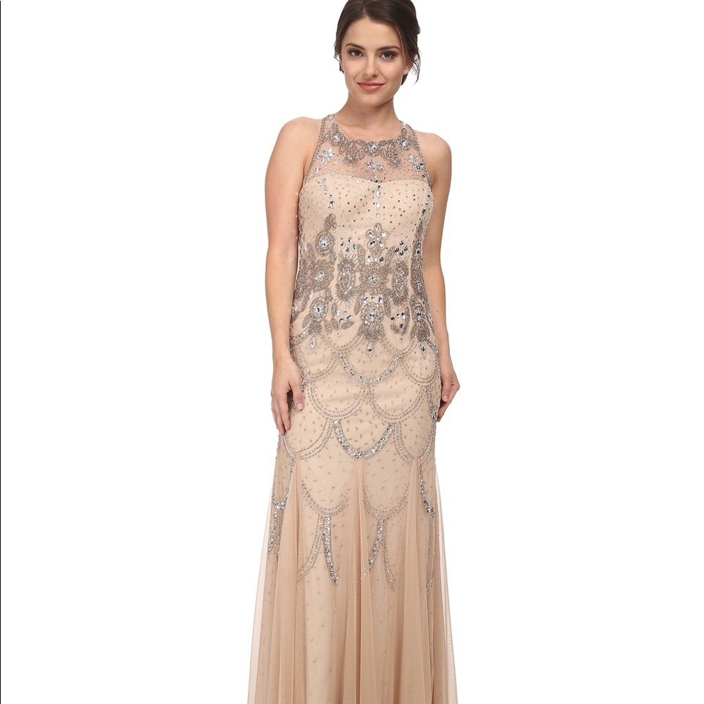 Adrianna Papell Metallic Halter Fully Beaded Gown
